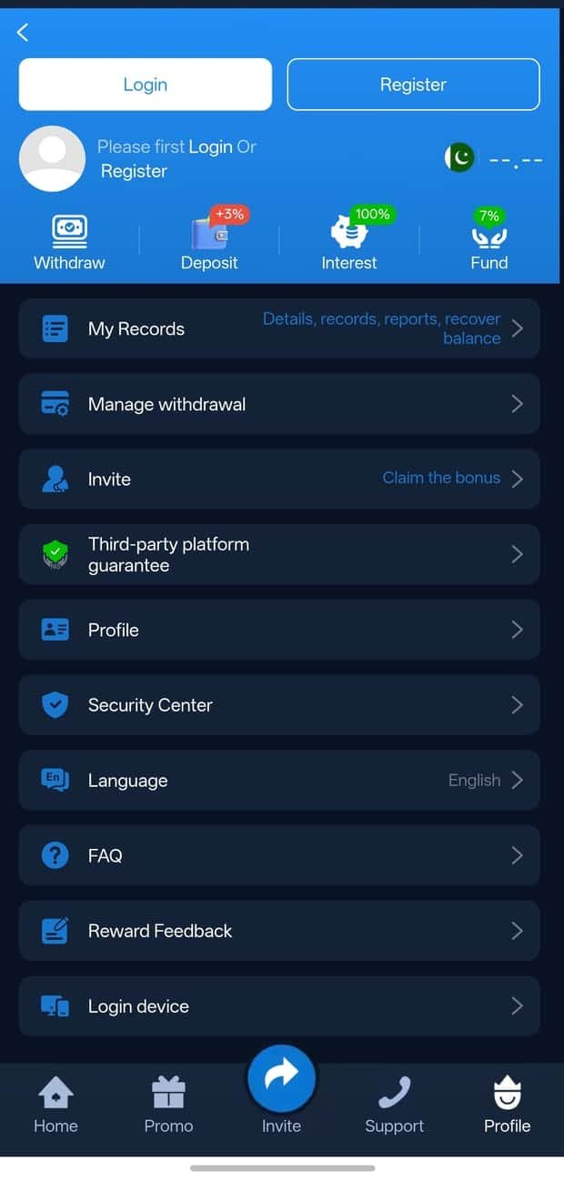 Wallet and profile screen of the 3rr game app with withdraw, deposit, security centre and login device options